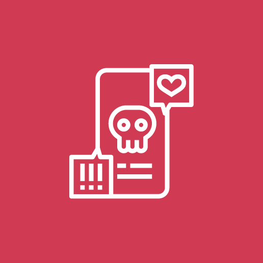 Icon - Falske nyheter - Mobil med skjeletthode, med hjerte og treganger utropstegn snakkebobler