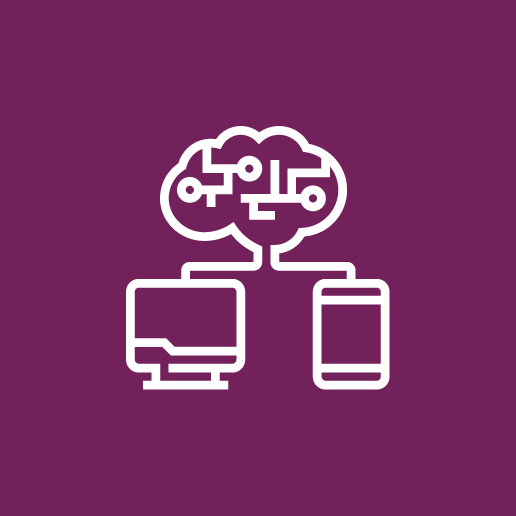 Icon - Ki og algoritmer - En sky som ligner en hjerne kobler sammen en maskin og en mobil