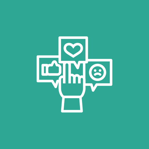 Icon - Nyheter og sosiale medier - Pekende finger, snakkeboble med tommel opp, hjerte og surt fjes